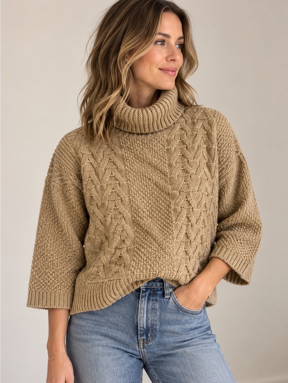 Massimo Dutti Cable Knit Turtleneck Sweater Wool Alpaca Camel Tan Size S